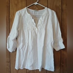 100% Linen White Tunic Style Top 3/4 Bell sleeves Womens size Small
